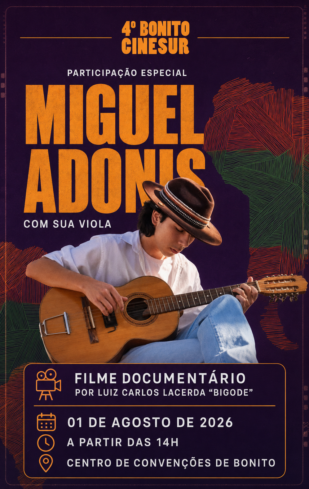 Miguel Adonis sentado e tocando viola no cartaz do 4º Bonito Cinesur